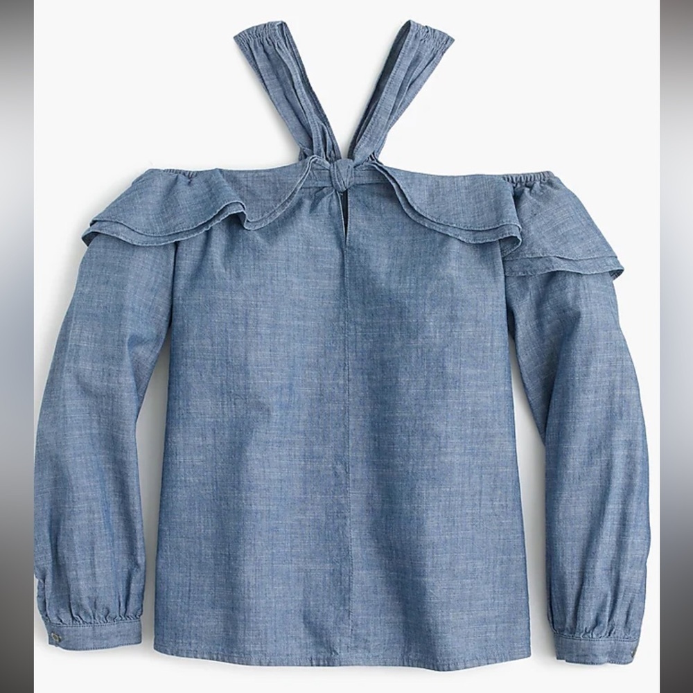 J Crew Off-the-shoulder tie-neck top in chambray